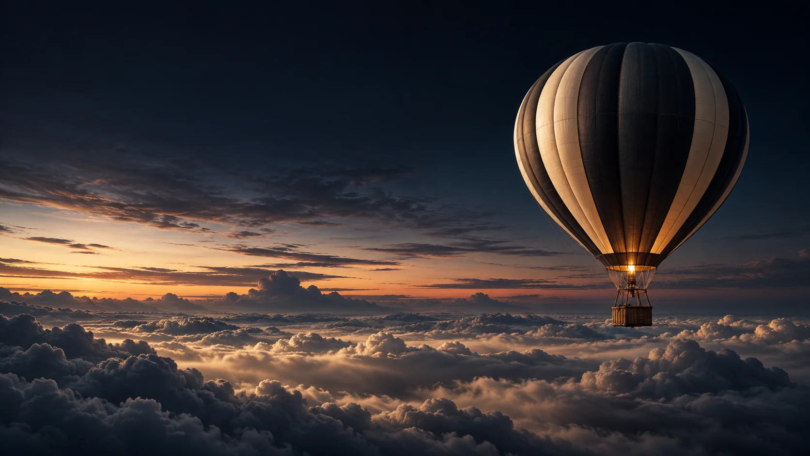 Imagem conceitual de um balão sobre as nuvens ao entardecer